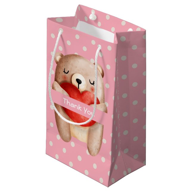 Cute Teddy Bear Carrying a Red Heart Thank You Small Gift Bag (Front Angled)
