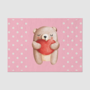 Cute Teddy Bear Carrying a Red Heart Tissue Paper