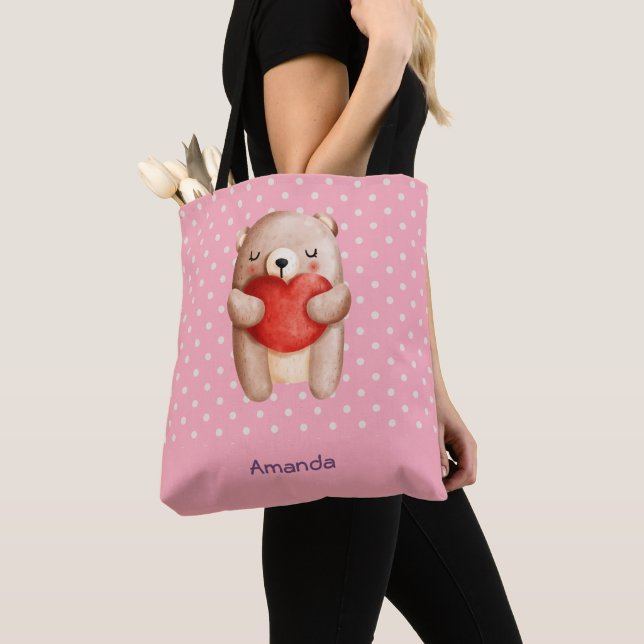  Cute Teddy Bear Carrying a Red Heart Tote Bag (Close Up)