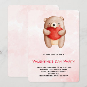 Cute Teddy Bear Carrying a Red Heart Valentine's Invitation