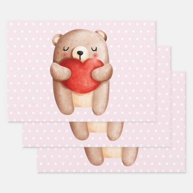 Cute Teddy Bear Carrying a Red Heart Wrapping Paper Sheet (Set)