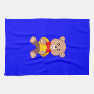 Cute Teddy Bear Cartoon Character on Blue Kitchen Towel