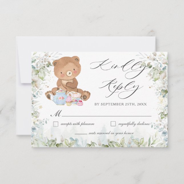 Cute Teddy Bear Chic High Tea Party Baby Shower  RSVP Card (Front)