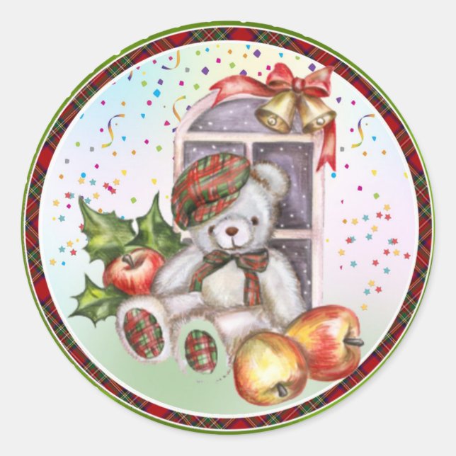 Cute Teddy Bear Christmas Bell Confetti Holiday Classic Round Sticker (Front)