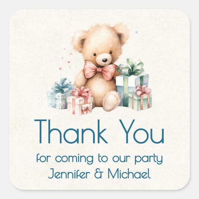 Cute Teddy Bear Christmas Party Thank You Square Sticker (Front)