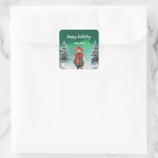 Cute teddy Bear Christmas tree birthday girl party Square Sticker