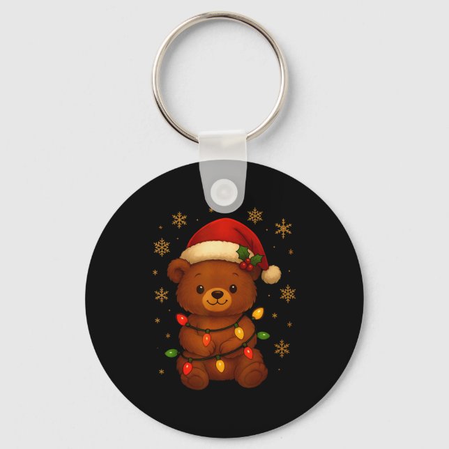 Cute Teddy Bear Christmas Tree Lights Santa Hat Fu Keychain (Front)