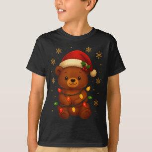 Cute Teddy Bear Christmas Tree Lights Santa Hat Fu T-Shirt