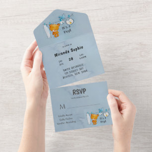 Cute Teddy Bear Clothes Line Boy Baby Shower  All In One Invitation