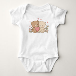 Cute Teddy Bear Couple Holding Heart Daisy Flower  Baby Bodysuit