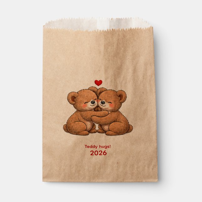 Cute Teddy Bear Couple in Love – Embroidered Style Favour Bag (Front)
