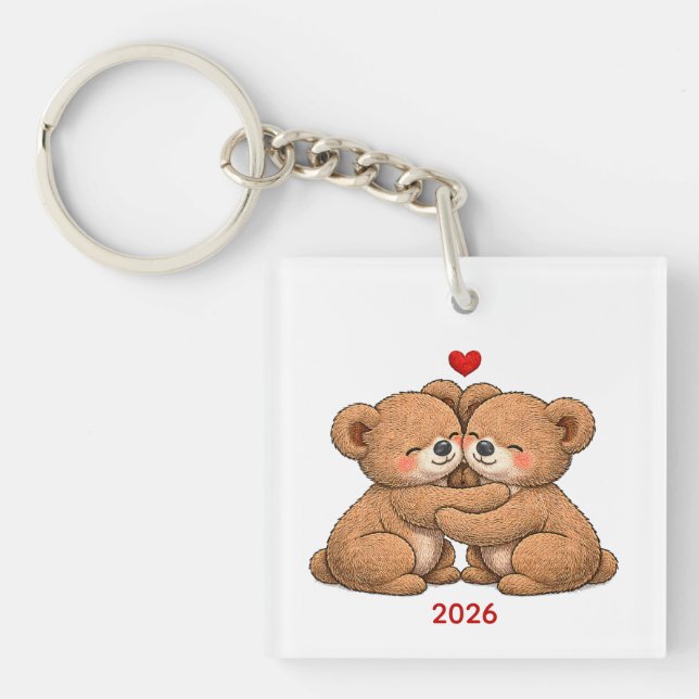 Cute Teddy Bear Couple in Love – Embroidered Style Keychain (Front)