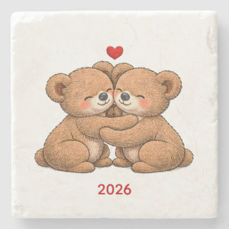 Cute Teddy Bear Couple in Love – Embroidered Style Stone Coaster