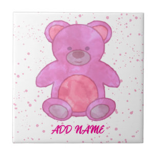 Cute Teddy Bear Custom Text Pink Tile
