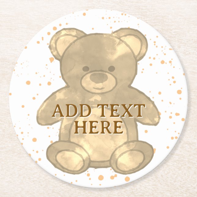 Cute Teddy Bear Custom Text Round Paper Coaster (Front)