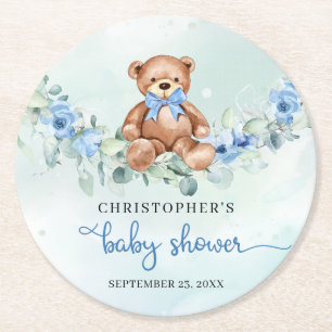 Cute Teddy bear dusty blue flowers eucalyptus Round Paper Coaster
