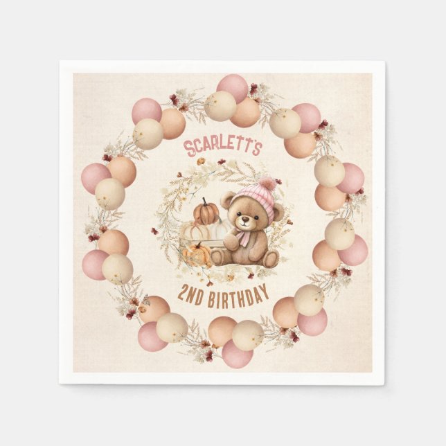 Cute Teddy Bear Fall Birthday Girl Paper Napkins (Front)