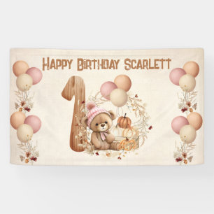 Cute Teddy Bear Fall Girl Beary 1st Birthday Banner