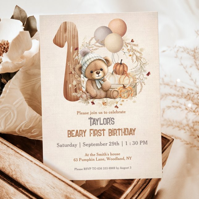 Cute Teddy Bear Fall Pumpkins Beary 1st Birthday  Invitation (Cute Teddy Bear Fall 1st Birthday Invitation, beary first Birthday)