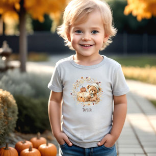 Cute Teddy Bear Fall Pumpkins Name Toddler T-shirt