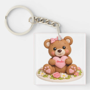 Cute Teddy Bear Figurine with Name Heart Keychain