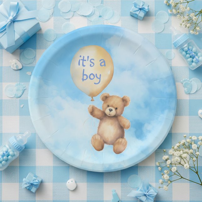 Cute teddy bear floating balloon baby shower paper plate (Cute teddy bear floating balloon baby shower paper plates.)