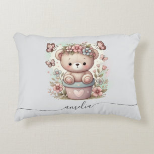 Cute Teddy Bear & Floral Custom Name Accent Pillow