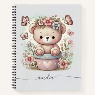 Cute Teddy Bear & Floral Custom Name Notebook