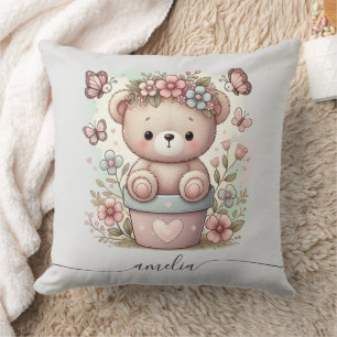 Cute Teddy Bear & Floral Custom Name Throw Pillow