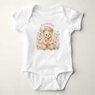 Cute Teddy Bear Floral Design Personalized Baby Bodysuit