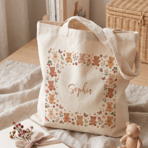 Cute Teddy Bear Floral Frame Tote Bag