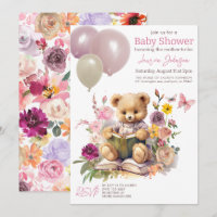Cute Teddy Bear Floral Pink Balloons Baby Shower