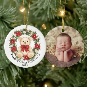 Cute Teddy Bear Floral Wreath Baby First Christmas Ceramic Ornament