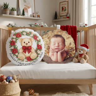 Cute Teddy Bear Floral Wreath Baby First Christmas Round Pillow