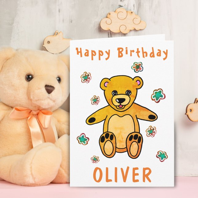 Cute Teddy Bear Flowers Happy Birthday Kids Card (Creator Uploaded)