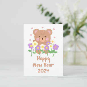 Cute Teddy Bear Flowers New Year  Postcard