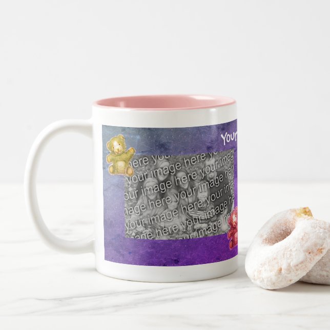 Cute Teddy Bear Frame Personalized Photo  Two-Tone Coffee Mug (With Donut)