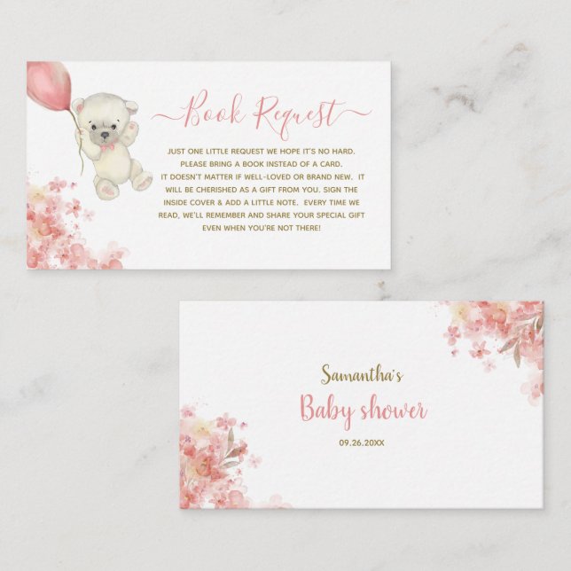 Cute Teddy Bear Girl Baby Shower Book Request Enclosure Card (Front/Back)