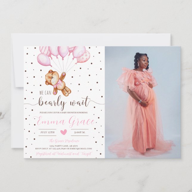 Cute Teddy Bear Girl Baby Shower Photo Invitation (Front)