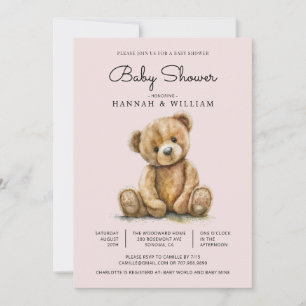 Cute Teddy Bear Girl Blush Pink Baby Shower Invitation