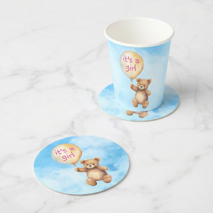 Cute teddy bear girl floating balloon baby shower round paper coaster