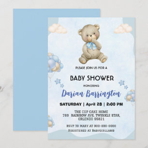 Cute teddy Bear gradient balloon baby boy shower Invitation