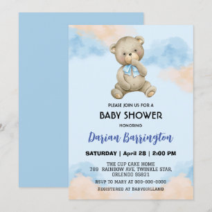 Cute teddy Bear Gradient sky baby boy shower  Invitation