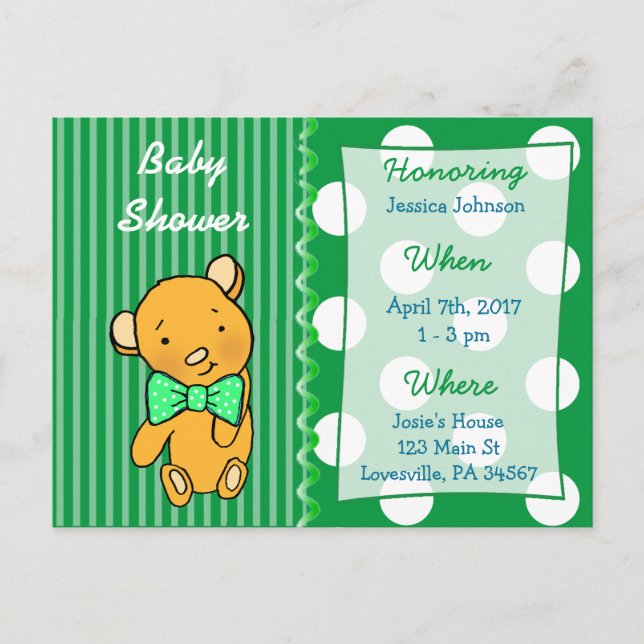 Cute Teddy Bear Green Baby Shower Invitation (Front)