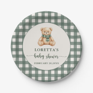 Cute Teddy Bear Green Plaid Baby Shower Paper Plate