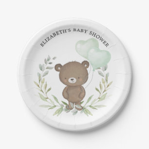 Cute Teddy Bear Greenery Baby Shower 1st Birthday Paper Plate