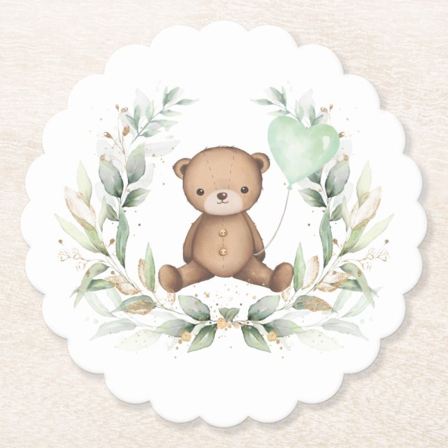 Cute Teddy Bear Greenery Wreath Sage Balloon Paper Coaster (Front)