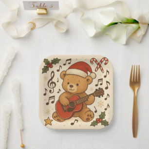 Cute Teddy Bear Guitar Christmas Paper Plate