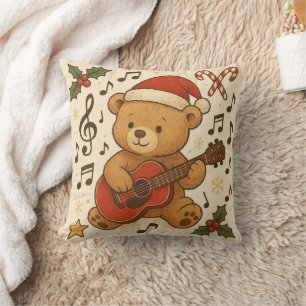 Cute Teddy Bear Guitar Christmas Throw Pillow