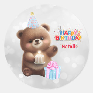 Cute Teddy Bear Happy Birthday Personalized Classic Round Sticker